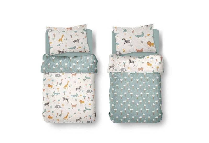 Familando Babybettwäsche Motiv Safari mit Dschungel Tieren 100x135 40x60 cm aus 100% Baumwolle, Renforcé, 2 teilig, mit Löwe, Elefant, Giraffe, Zebra, Krokodil und Palmen von Familando