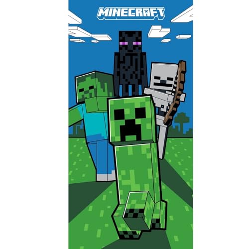 Familando Minecraft Strandtuch für Jungen 70x140 cm aus 100% Baumwolle · Motiv Creep Craft Blöcke Spitzhacke Battle Blau Grün Strandlaken Dusch-Tuch Handtuch von Familando