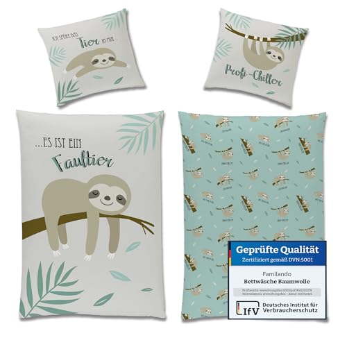 Familando Faultier Bettwäsche Set Decke 135x200 + Kissen 80x80 cm · Glatte Kinderbettwäsche aus 100% Baumwolle Renforcé mit Reißverschluss · Maschinenwäsche, Oeko-Tex, Wende Motiv Profi-Chiller von Familando