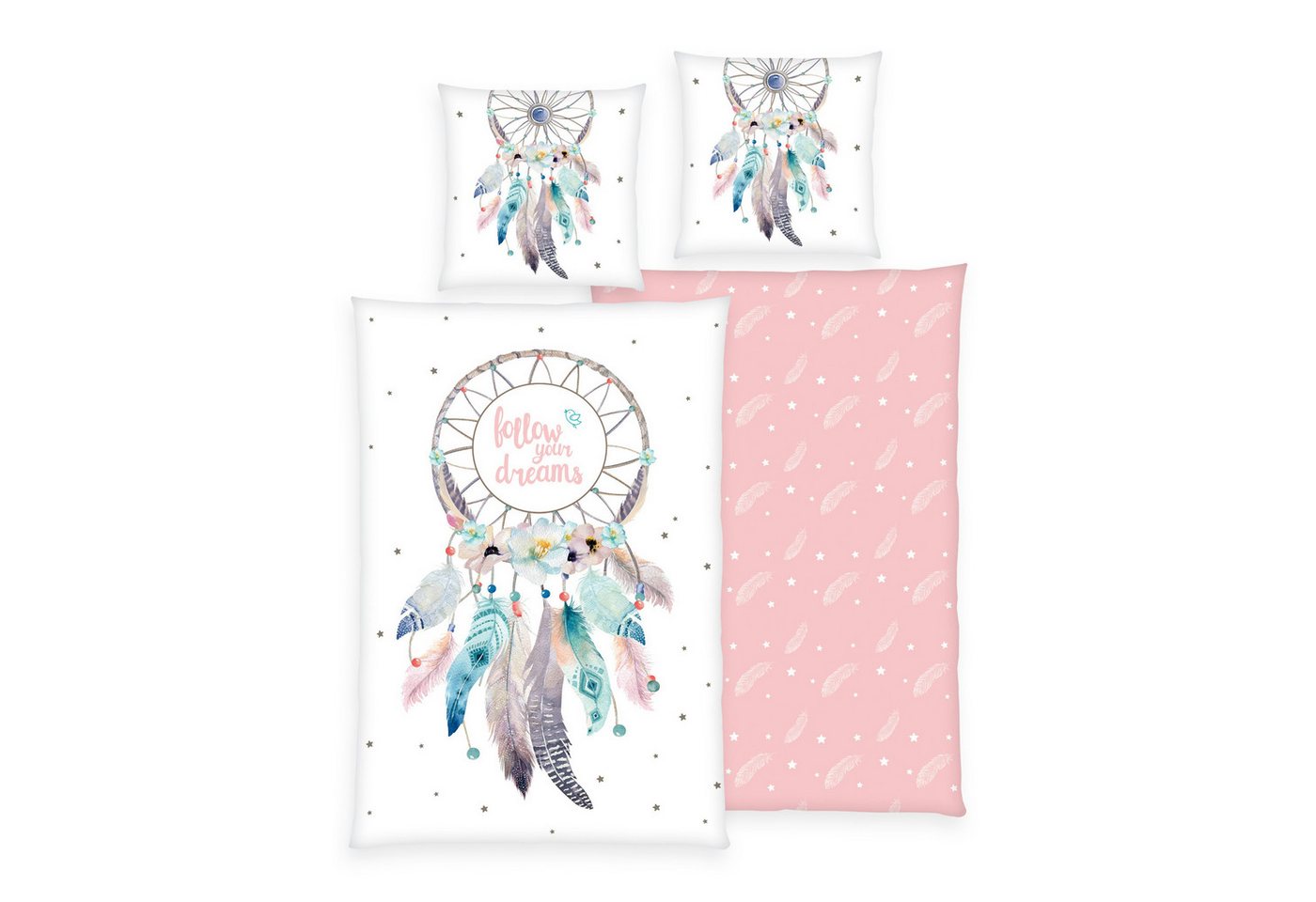 Familando Jugendbettwäsche rosa mit Traumfänger Motiv "Follow your Dreams" 135x200 + 80x80 cm, Flanell, 2 teilig, im Ethno-Stil mit Federn und zarten Pastelltönen Familando Jugendbettwäsche rosa mit Traumfänger Motiv "Follow your Dreams" 135x200 + 80x80 cm, Flanell, 2 teilig, im Ethno-Stil mit Federn und zarten Pastelltönen von Familando