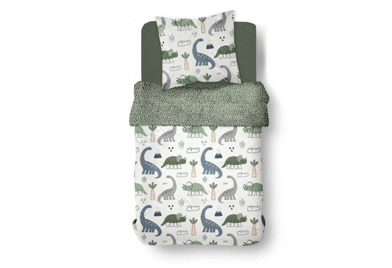 Familando Kinderbettwäsche "Happy Dinos" Dinosaurier Grün 135x200 + 80x80 cm aus 100% Baumwolle, Renforcé, 2 teilig, mit Dreihorn Triceratops und Langhals Brachiosaurus von Familando