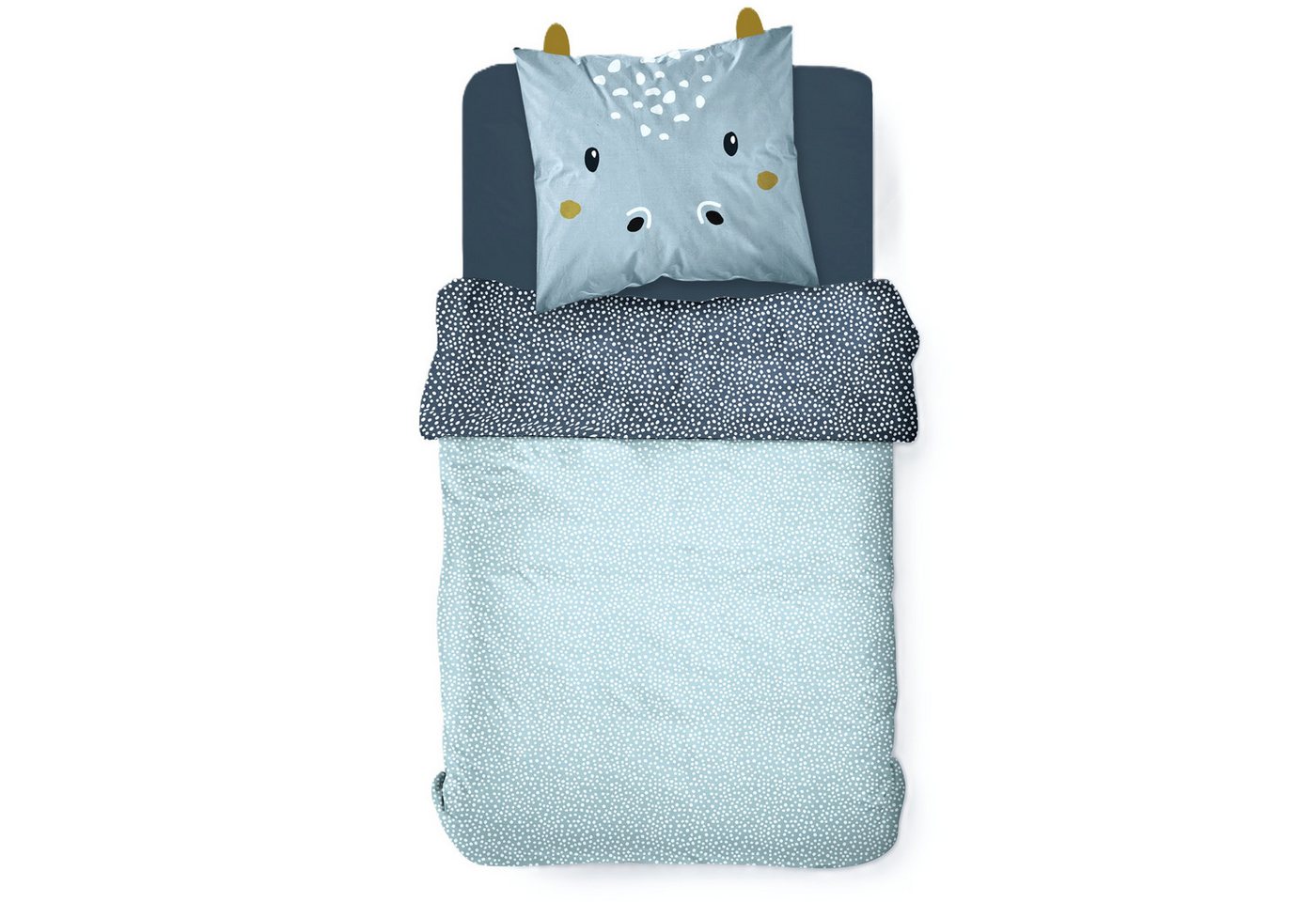 Familando Kinderbettwäsche "Happy Hippo" Nilpferd Blau 135x200 + 80x80 cm aus 100% Baumwolle, Renforcé, 2 teilig, mit lustigen Ohren am Kopfkissen von Familando
