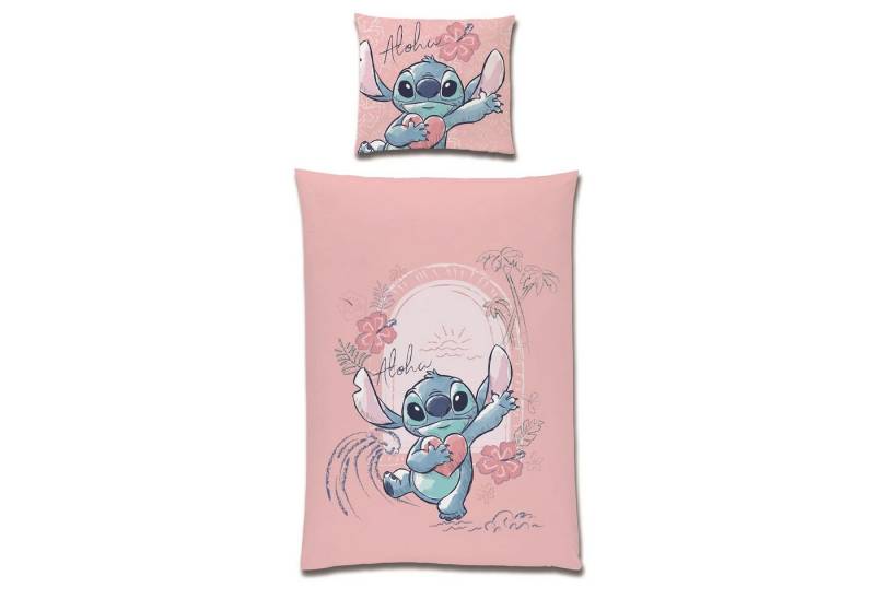 Familando Kinderbettwäsche Lilo und Stitch "Aloha" aus 100% Baumwolle mit Reißverschluss, Linon, 2 teilig, mit Schriftzug und Wendeseite von Familando