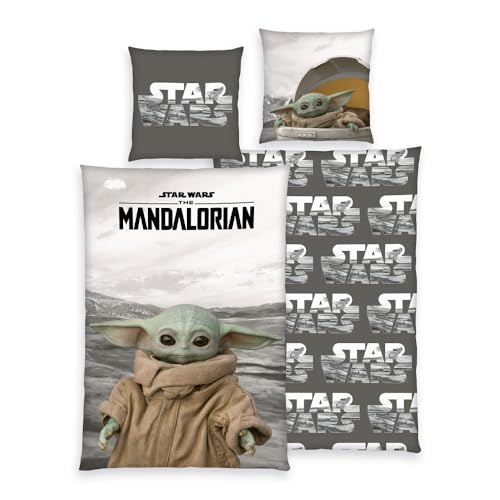 Familando Star Wars The Mandalorian Bettwäsche 135x200 cm + 80x80 cm · 100% Baumwolle · Kinder Bettwäsche-Set (2-TLG.) Motiv Baby-Yoda von Familando