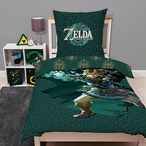 Familando The Legend of Zelda Bettwäsche für Kinder und Teenager · Kinderbettwäsche grün 135x200 80x80 cm aus 100% Baumwolle mit Reißverschluss · Motiv Tears of The Kingdom mit Link von Familando