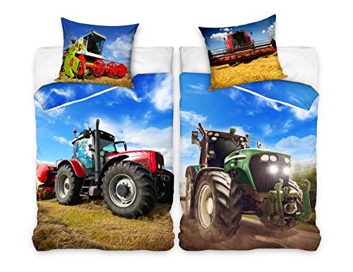 Familando Traktor Mähdrescher Bettwäsche-Set 135x200 80x80 cm Bauernhof Kinder-Bettwäsche für Jungen mit Reißverschluss aus 100% Baumwolle von Familando