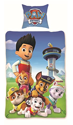 Kinderbettwäsche Set Paw Patrol, Linon 135x200 cm 80x80 cm, 100% Baumwolle, Jungen Wende Bettwäsche-Set von Familando