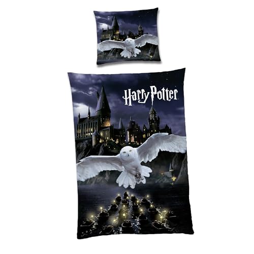 Familando Wende Bettwäsche-Set Harry Potter 135x200 80 x 80 cm · Kinderbettwäsche aus 100% Baumwolle · Eule Hedwig · Hogwarts · deutsche Größe · Sommer-Bettwäsche von Familando