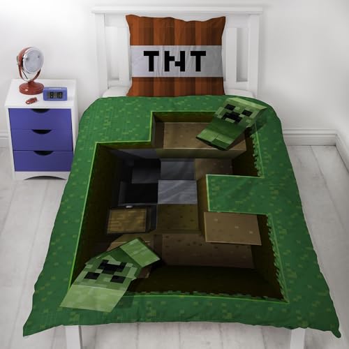 Minecraft Bettwäsche Set für Jungen · Kinderbettwäsche 135x200 80x80 cm aus 100% Baumwolle · Grünes 3D Motiv mit Creeper Blöcken von Familando