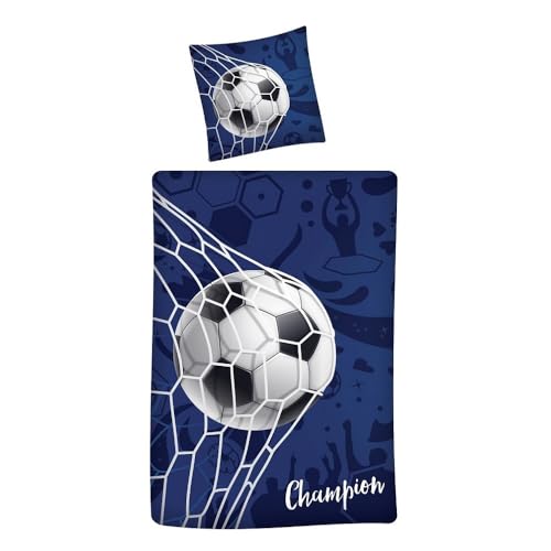 Fußball Bettwäsche Set 135x200 | Kinderbettwäsche/Teenagerbettwäsche Blau für Jungen | Fussball Champion Motiv Ball im Tor von Familando