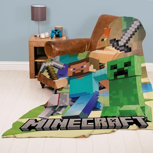Familando Große Kuscheldecke Minecraft 160x200 cm · Fleecedecke mit Alex Steve und Creep · Tagesdecke flauschig für Kinder aus 100% Polyester von Familando
