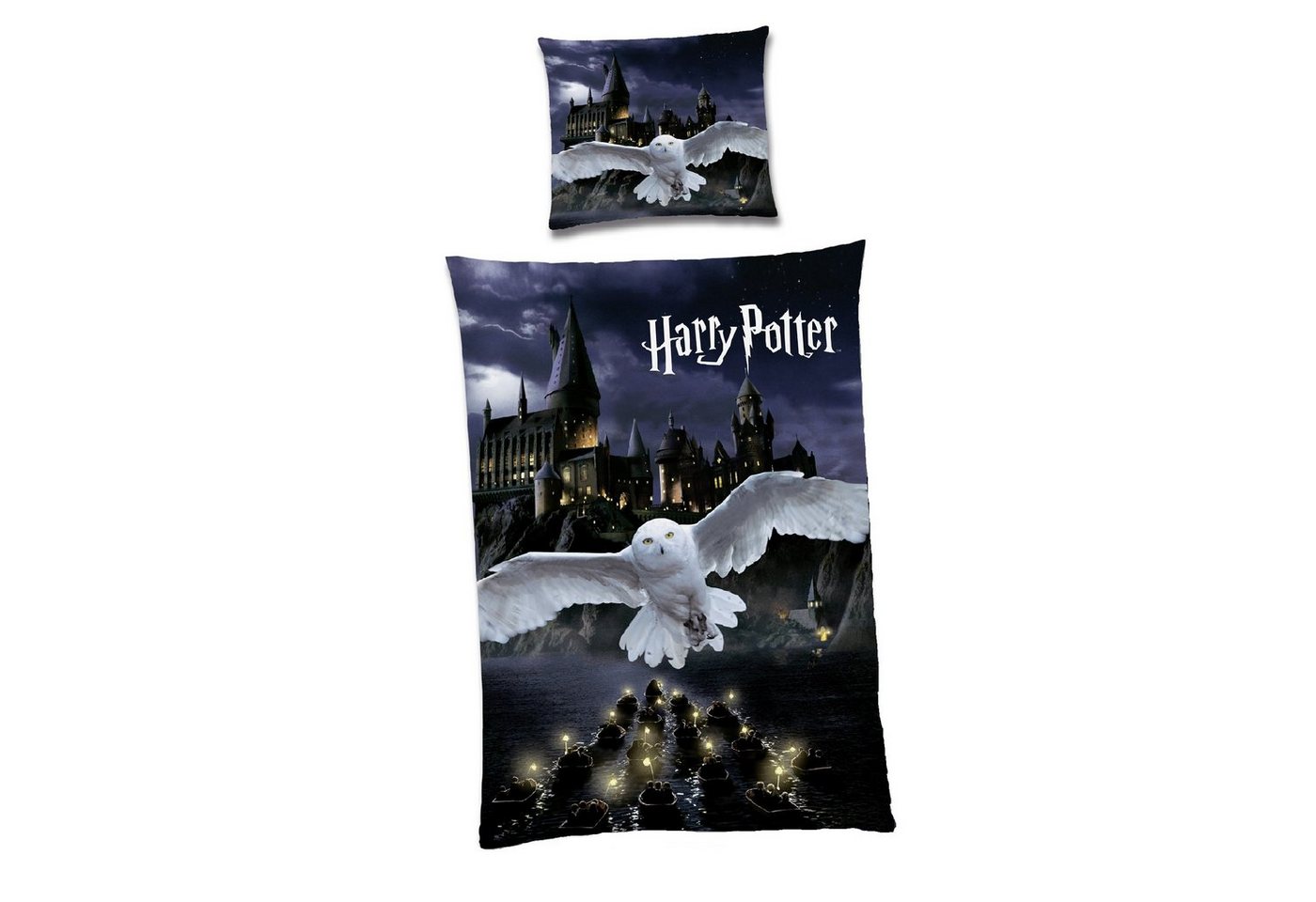 Jugendbettwäsche Harry Potter Eule 135x200 + 80x80 cm aus 100% Baumwolle, Familando, Renforcé, 2 teilig, mit Eule Hedwig und Hogwarts von Familando