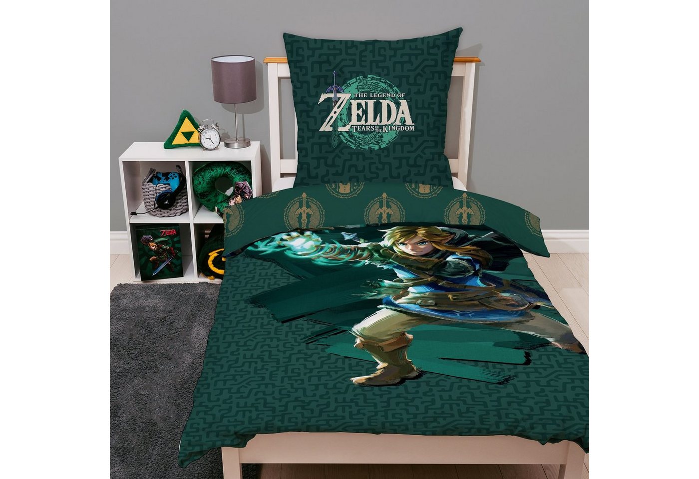 Jugendbettwäsche Zelda Tears of the Kingdom" 135x200 + 80x80 cm aus 100% Baumwolle, Familando, Renforcé, 2 teilig, mit Link auf Vorderseite und Schriftzug auf Kopfkissen" von Familando