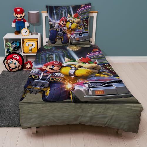 Kinder Wende Bettwäsche-Set Super Mario Kart · Jungenbettwäsche 135x200 80x80 cm aus 100% Baumwolle mit Reißverschluss · Dunkles Motiv Bump mit Mario und Bowser von Familando