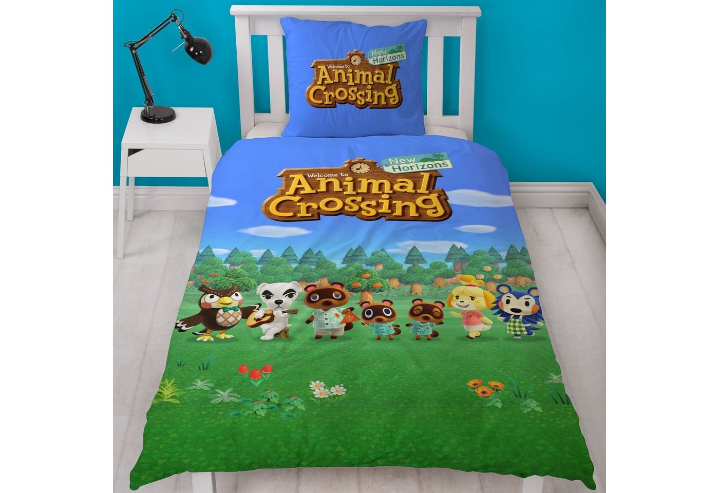 Kinderbettwäsche Animal Crossing New Horizons" 135x200 + 80x80 cm aus 100% Baumwolle, Familando, Renforcé, 2 teilig, mit Celeste, K.K. Slider, Tom Nook, Isabelle & Mabel Able" von Familando