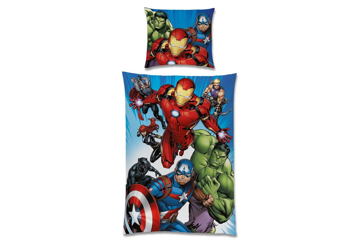 Kinderbettwäsche Marvel Avengers im Comic Stil 135x200 80x80cm aus 100% Baumwolle, Familando, Renforcé, 2 teilig, mit allen wichtigen Avengers von Familando