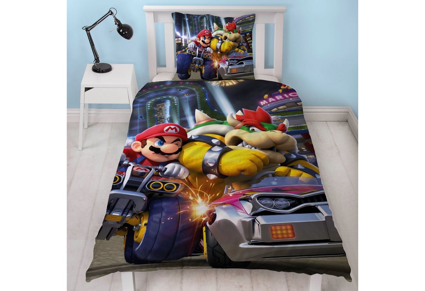 Kinderbettwäsche Nintendo Super Mario Kart Bump" 135x200 + 80x80cm aus 100% Baumwolle, Familando, Renforcé, 2 teilig, mit Super Mario und Bowser" von Familando