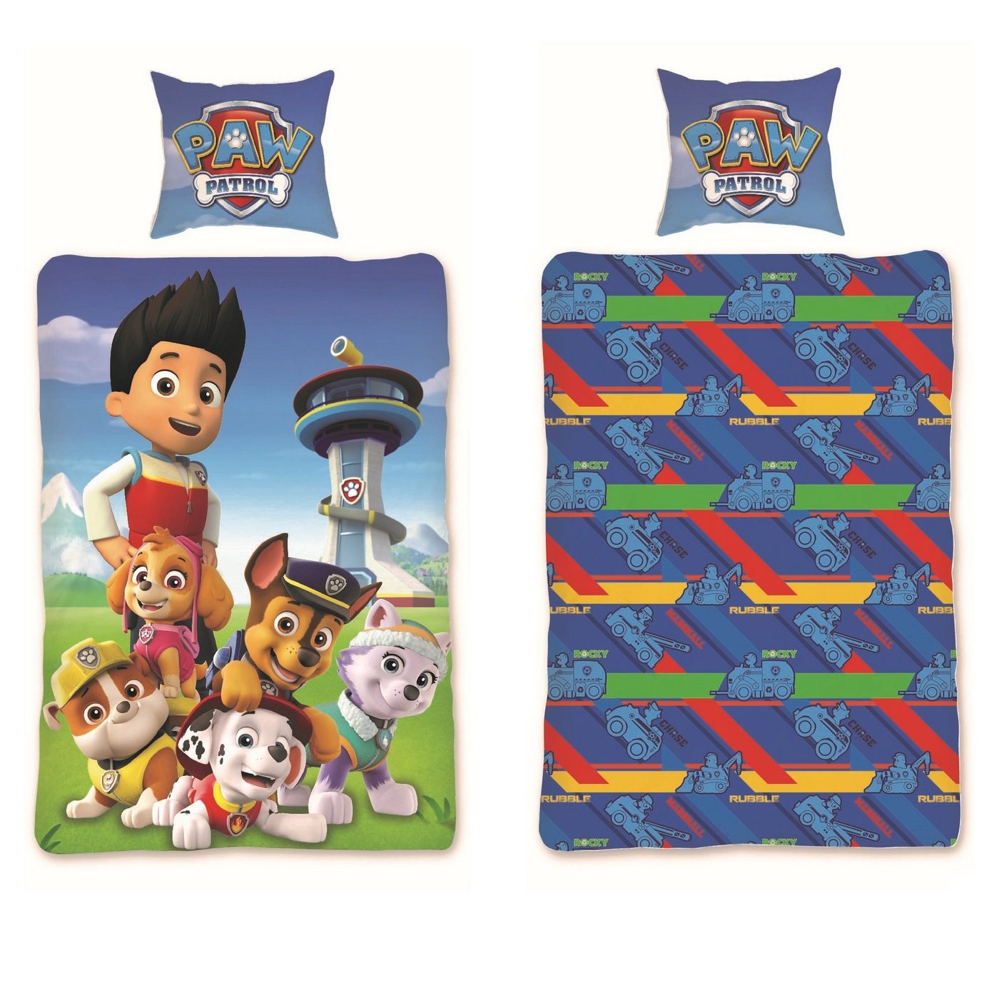 Kinderbettwäsche Paw Patrol Ryder & Mighty Pups" 135x200 + 80x80 cm aus 100% Baumwolle, Familando, Renforcé, 2 teilig, mit Ryder, Skye, Chase, Marshall, Rubble & Everest" von Familando