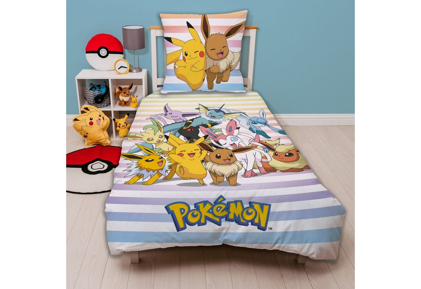 Kinderbettwäsche Pokemon Group" 135x200 + 80x80 cm aus 100% Baumwolle, Familando, Renforcé, 2 teilig, mit Pikachu und vielen weiteren Pokemon" von Familando