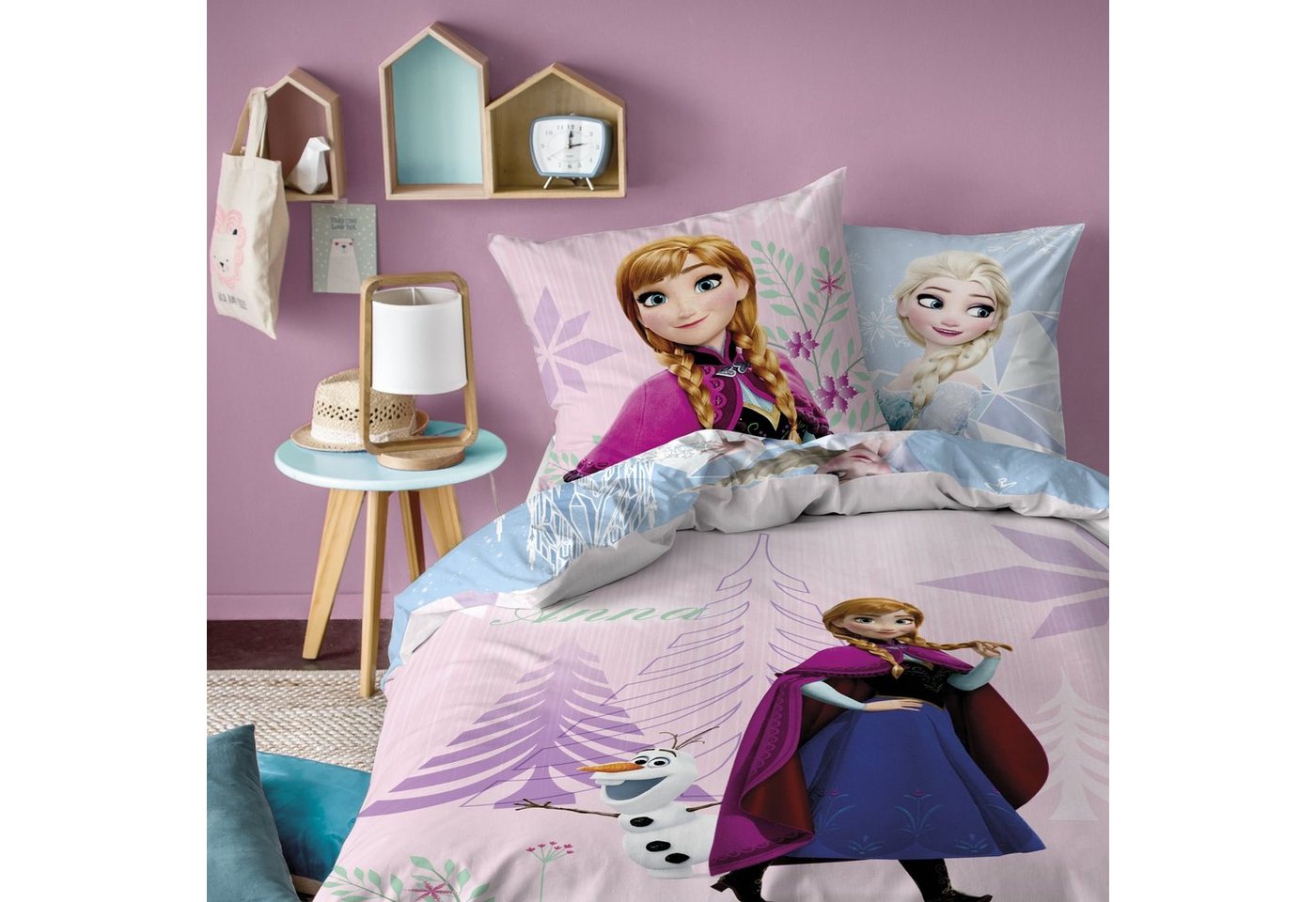 Kinderbettwäsche Set Disney Frozen Die Eiskönigin 135x200 + 80x80 cm aus 100% Baumwolle, Familando, Renforcé, 2 teilig, Diamonds" mit Anna, Elsa und Olaf" von Familando