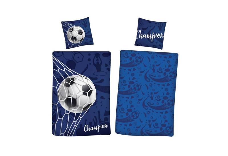 Kinderbettwäsche Set für Jungen Fussball im Tor 135x200 + 80x80 cm aus 100% Baumwolle, Familando, Renforcé, 2 teilig, mit Ball, Tornetz und Schriftzug Champion"" von Familando