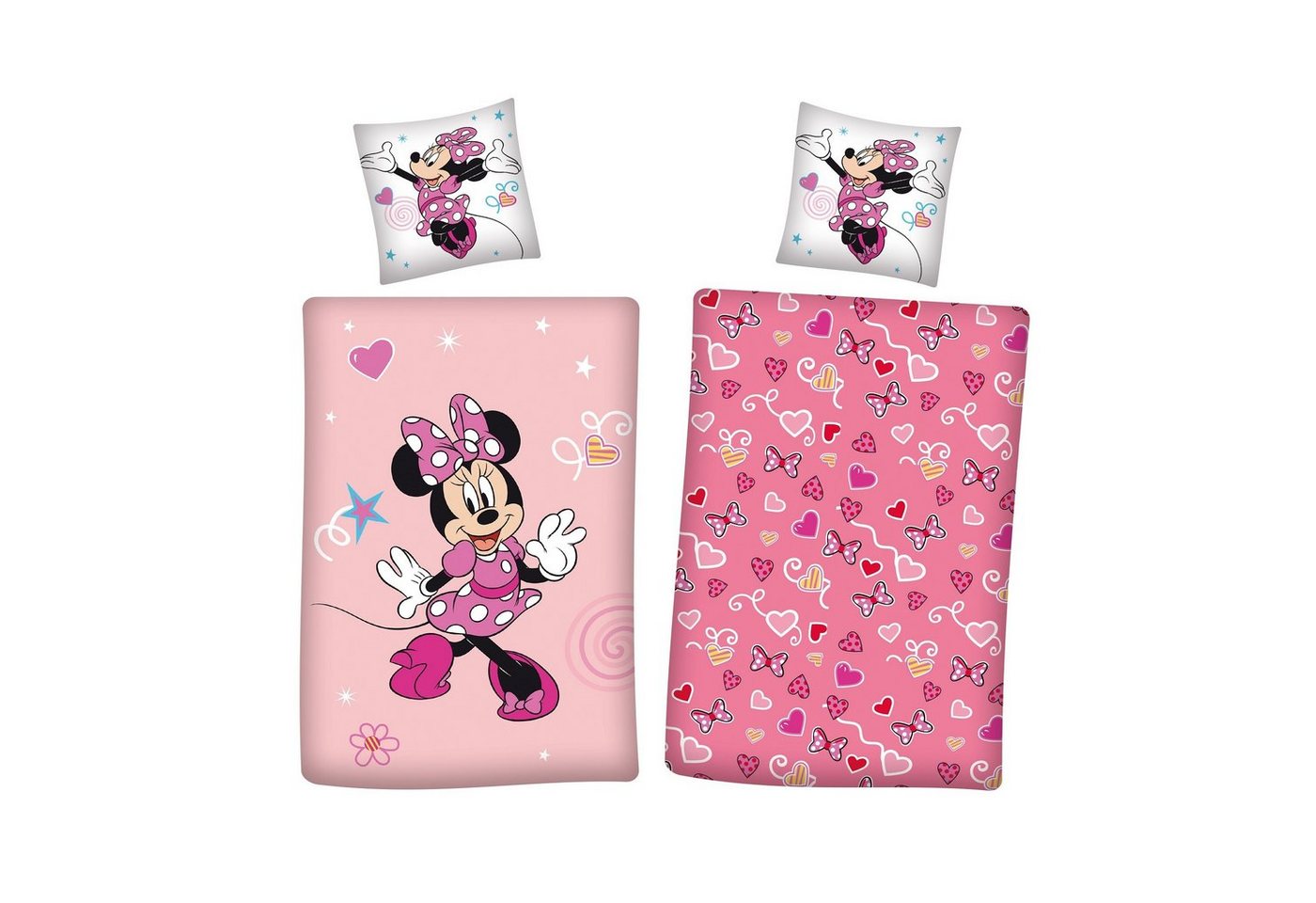 Kinderbettwäsche rosa Minnie Mouse Motiv mit Herzen und Schleifen 135x200 + 80x80 cm, Familando, Flanell, 2 teilig, mit Motiv und Wendeseite von Familando