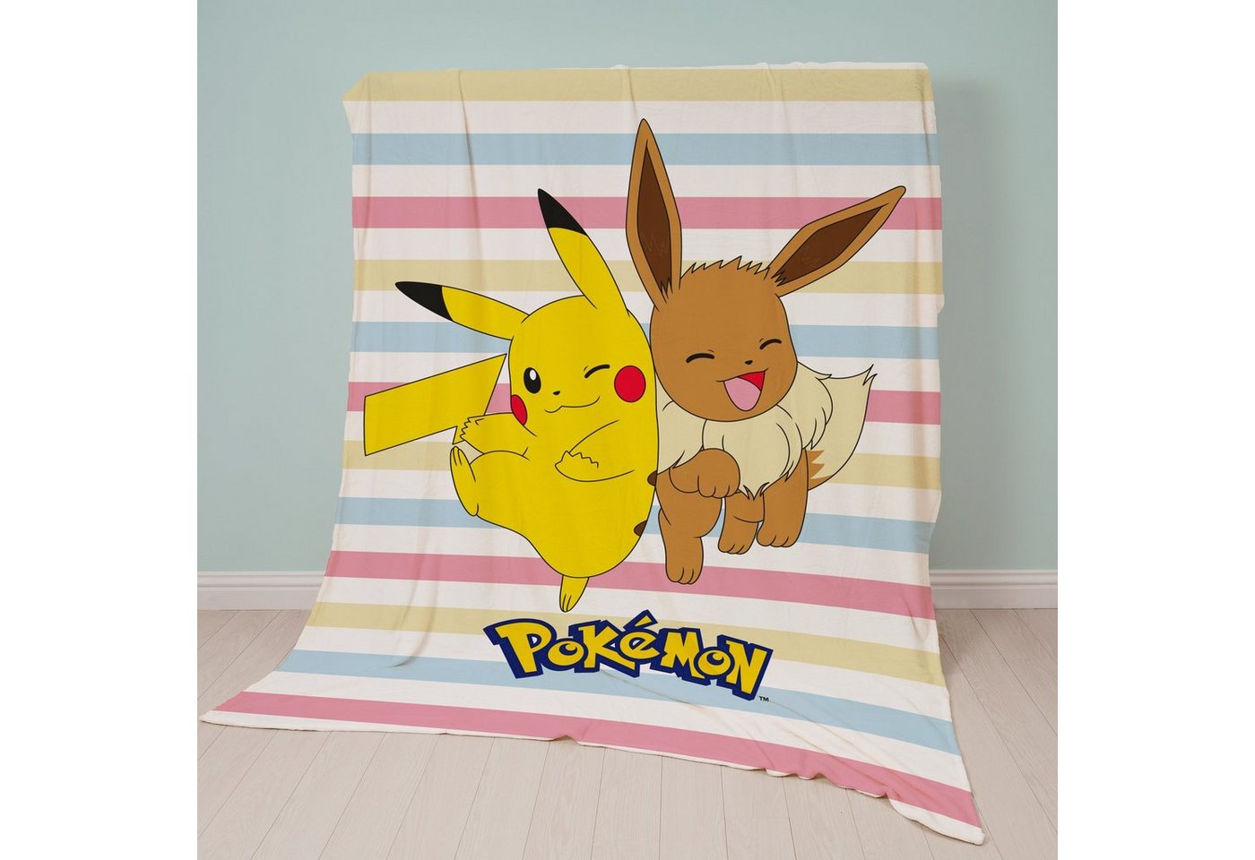 Kinderdecke Super flauschige Pokemon Kuscheldecke Multi" extra Groß 160x200 cm, Familando, mit Pikachu und Evoli vor gestreiftem Hintergrund" von Familando