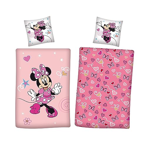 Minnie Mouse Winter-Bettwäsche Set 135x200 + 80x80 cm aus 100% Baumwolle · Rosa Biber-Bettwäsche mit Herzen und Schleifen für Mädchen von Familando