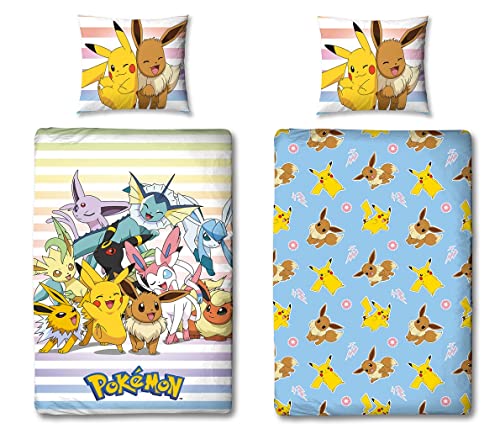 Pokemon Bettwäsche Set 2-teilig · 135x200 cm + Kissen 80x80 cm · Pokémon Pikachu hell-blau · Kinder-Bettwäsche 100% Baumwolle Linon · mit Reißverschluss von Familando