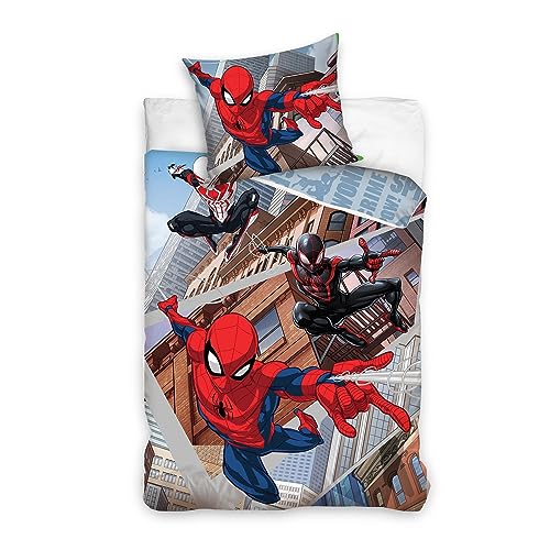 Spiderman Wende-Bettwäsche Set 135x200 80x80 cm · Winterbettwäsche in Biber Flanell Qualität aus 100% Baumwolle mit Reißverschluss · Marvel Spiderman Bettwaesche blau rot für Jungen von Familando