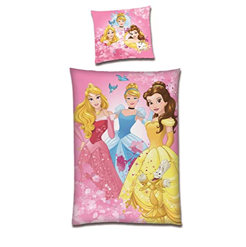 Warme Prinzessinnen Winter Bettwäsche · Rosa Fleece Mädchenbettwäsche 135x200 80x80 cm · 2-TLG. Kinderbettwäsche Set mit Disney Motiv Belle Dornröschen Cinderella von Familando