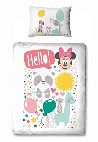 Baby-Bettwäsche 2 teiliges Set Disney Minnie Maus Mouse Lama Panda Erdmännchen | 100x135 cm 40x6 0cm | Klein-Kinder Bettwaesche-Set in Weiss türkis von Familando