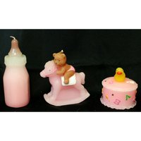 Vtg 1980Er Jahre Rosa Baby Kerzen Set Flasche Bär Schaukelpferd Ente Glas von FamiliaCondori
