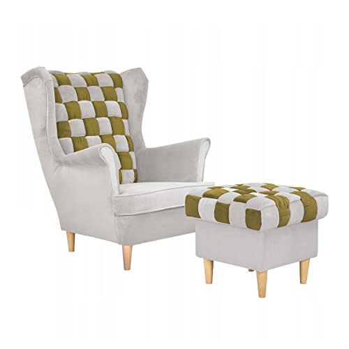 Family Meble Ohrensessel mit Hocker Scandinavian Modell Carol Duo | Elegante Polsterung mit Flechteffekt | Zwei Stofffarben | Klassisches Design | Bequemer Sessel zum Entspannen | Holzbeine von Family Meble