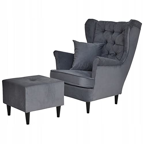 Family Meble Ohrensessel mit Hocker, Modell Gaja, Skandinavisch, Relaxsessel aus Webstoff, Loungesessel, Ohrensessel mit Hocker, Bequemer Sessel, Für Wohnzimmer, Esszimmer, Schlafzimmer, Graphit 3 von Family Meble