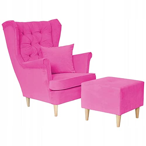 Family Meble Ohrensessel mit Hocker, Modell Gaja, Skandinavisch, Relaxsessel aus Webstoff, Loungesessel, Ohrensessel mit Hocker, Bequemer Sessel, Für Wohnzimmer, Esszimmer, Schlafzimmer, Fuchsie von Family Meble