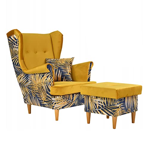 Ushak Sessel mit Fußhocker Scandinavian ARI Duo Print Family Furniture | Zwei Polstervarianten | Klassisches Design | Moderner Druck | Bequemer Sessel zum Entspannen | Gesteppte Rückenlehne von Family Meble