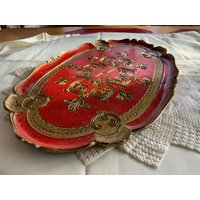Vintage Florentiner Tablett Rot Und Gold Holz Italien von FamilyTreasuresFinds