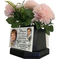 Blumentopf Grabmarkierer - Schwarze Gedenkblumenvase Gewichtige Basis Personalisierte Fotoplakette Foto Tribute von Familymemorials