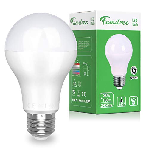 Famitree E27 LED Kaltweiss Lampe 20W LED Birne 6500K 2452lm Super Hell, Energie Sparen E27 LED Birne, Kein Geräusch, CRI > 80, Nicht dimmbar(1 Stück) von Famitree