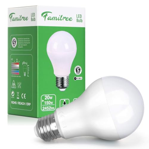 E27 LED Lampe, 20W ersetzt 150W Glühbirne, 4000K Tageslicht, 2452lm Super Hell, Famitree Edison E27 Birne, für Küche, Wohnzimmer, Werkstatt, Kein Geräusch, CRI > 80, Nicht dimmbar (1 Stück) von Famitree