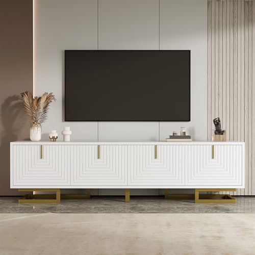 FammyLoft 160cm TV Lowboard mit 4 Strukturierten Türen, Stilvolle TV Schrank, Fernsehschrank mit Goldene Griffe und Goldene Beine, Fernseher Schrank für Wohnzimmer, Weiß FammyLoft 160cm TV Lowboard mit 4 Strukturierten Türen, Stilvolle TV Schrank, Fernsehschrank mit Goldene Griffe und Goldene Beine, Fernseher Schrank für Wohnzimmer, Weiß von FammyLoft