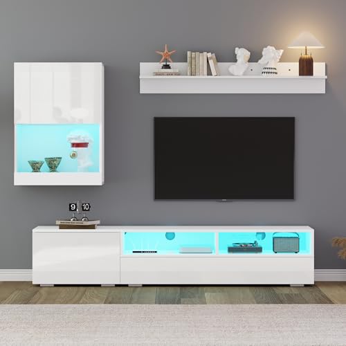 FammyLoft 175cm Hochglanz TV Wohnwand-Set mit Vitrine, Mediawand inkl.TV-Board, Standregal und Wandregal, TV Lowboard, TV Schrank, TV Wohnzimmermöbel-Set mit LED, Stehend & Hängend, Weiß von FammyLoft