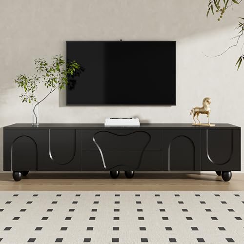 FammyLoft 180cm TV Lowboard mit 4 Türen und 2 Schubladen, TV Schrank mit Holzbeinen, Fernseher Schrank mit Viel Stauraum für Wohnzimmer, TV-Board, Schwarz von FammyLoft