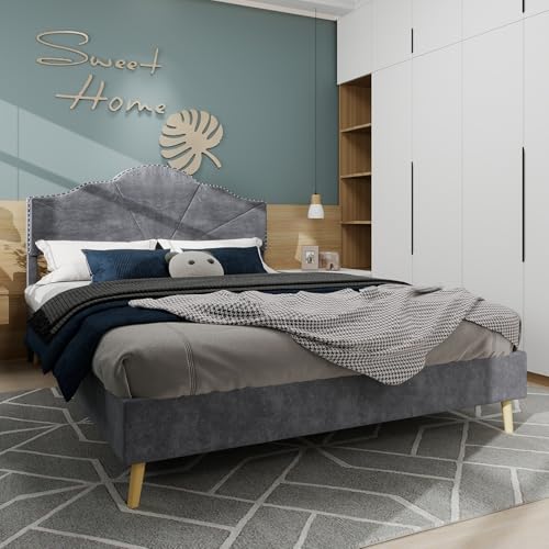 FammyLoft Doppelbett 140x200 mit Blütenblattförmiges Kopfteil, Polsterbett 140x200, Modernes Jugendbett, Bettgestell (Ohne Matratze), Grau von FammyLoft