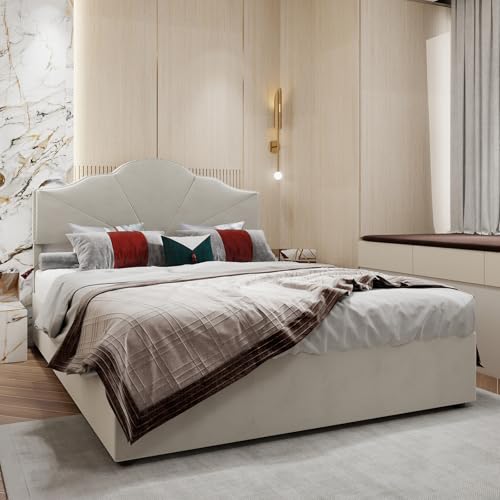 FammyLoft Doppelbett 140x200 mit Hydraulisch Stauraum, Polsterbett 140x200 mit Pneumatische Stange, Modernes Jugendbett mit Blütenblattförmiges Kopfteil, Bettgestell (Ohne Matratze), Beige von FammyLoft