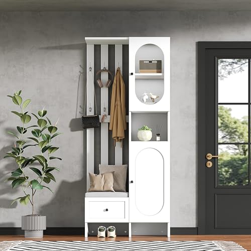 FammyLoft Garderobenset mit 2 Schränken, Garderobe mit Schuhbank und Polster, Kompaktgarderobe für Eingangsbereich, Flur, Flurgarderoben Set, Aufbewahrungsschrank aus gehärtetem Glas, Weiß von FammyLoft