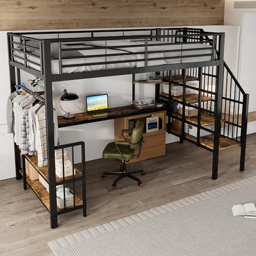 FammyLoft Hochbett 120x200 mit Handlauf und Ladeanschluss, Kinder Eisenbett 120x200cm mit Kleiderbügel, Ablagefläche und 2 Kippschutzeinrichtungen, Hochbett Metall, Ohne Matratze, Schwarz+Dunkle von FammyLoft