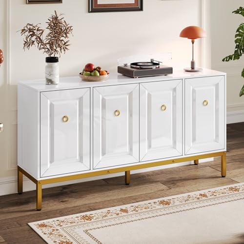 FammyLoft Hochglanz-Sideboard Wohnzimmer mit 4 Türen, Buffetschrank mit Goldene Griffe und Beine, 140×80×40cm, Modern Wohnzimmerschrank für Esszimmer & Flur, Weiß und Gold FammyLoft Hochglanz-Sideboard Wohnzimmer mit 4 Türen, Buffetschrank mit Goldene Griffe und Beine, 140×80×40cm, Modern Wohnzimmerschrank für Esszimmer & Flur, Weiß und Gold von FammyLoft
