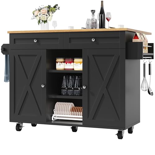 FammyLoft Küchenwagen mit Rollen, Multifunktionaler Kücheninsel mit Arbeitsplatte, Speicherraum, 2 Schubladen, Küchenrollwagen mit Snackregalen für Küche, Esszimmer, Schwarz von FammyLoft